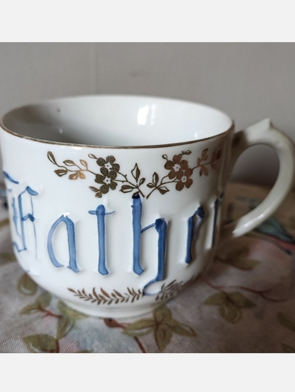 Antique Vintage Father's Day Mug Coffee Cup Germany Porcelain White & Blue Gold